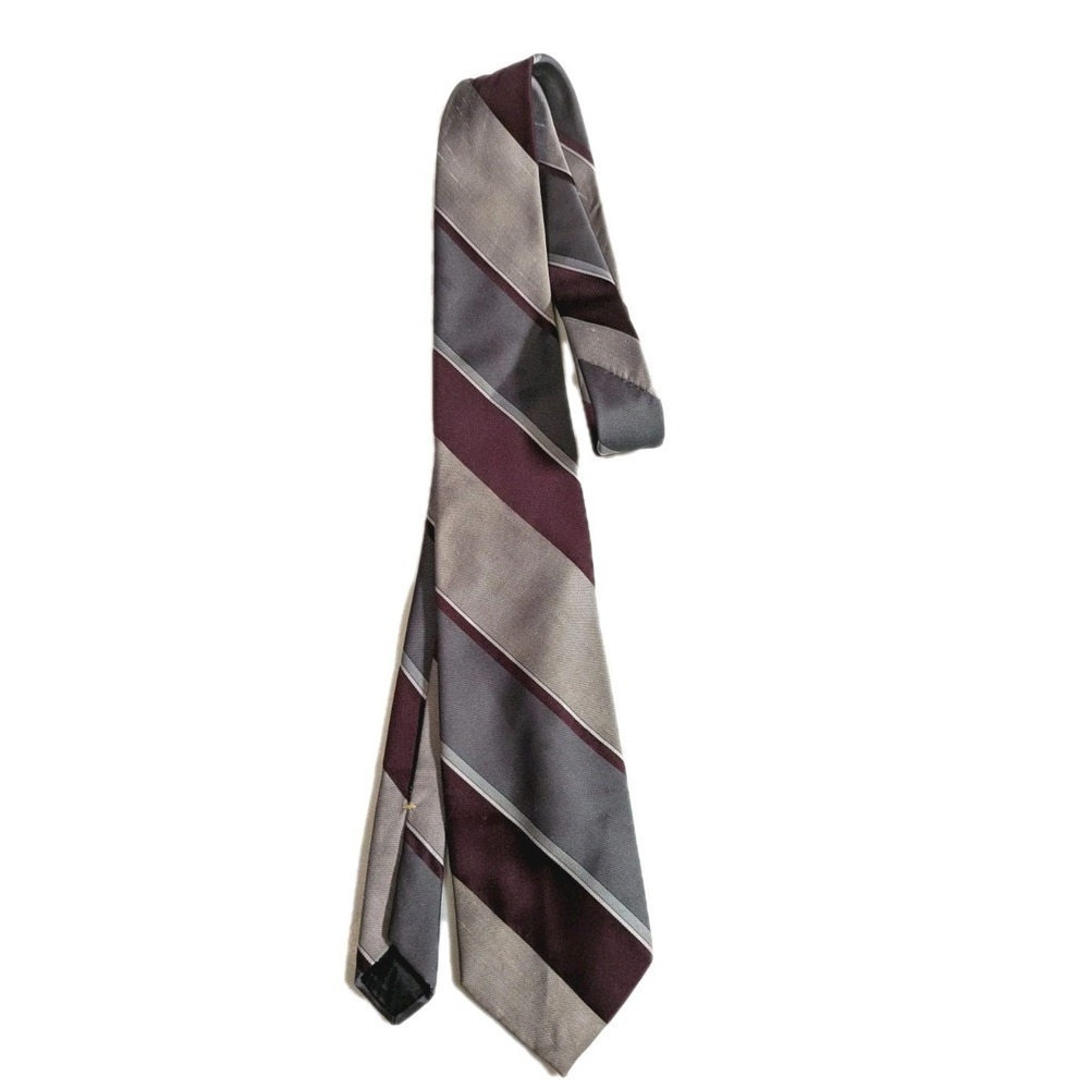 Vintage Wembley WemSilk Tie Mens Burgundy Grey Silver Striped Silk Blend Retro